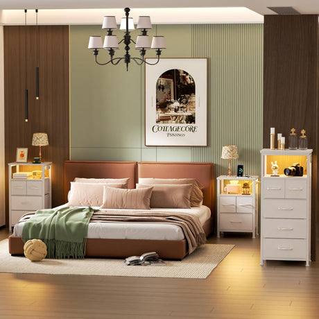 Furnulem 4 Drawer Dresser with Led Light and Charging Station, White Night Stand with Storage Shelf and Fabric & PVC Drawer, 33 Inch Bedside Table, Tall Nightstand for Entryway, Bedroom Furniture Furnulem