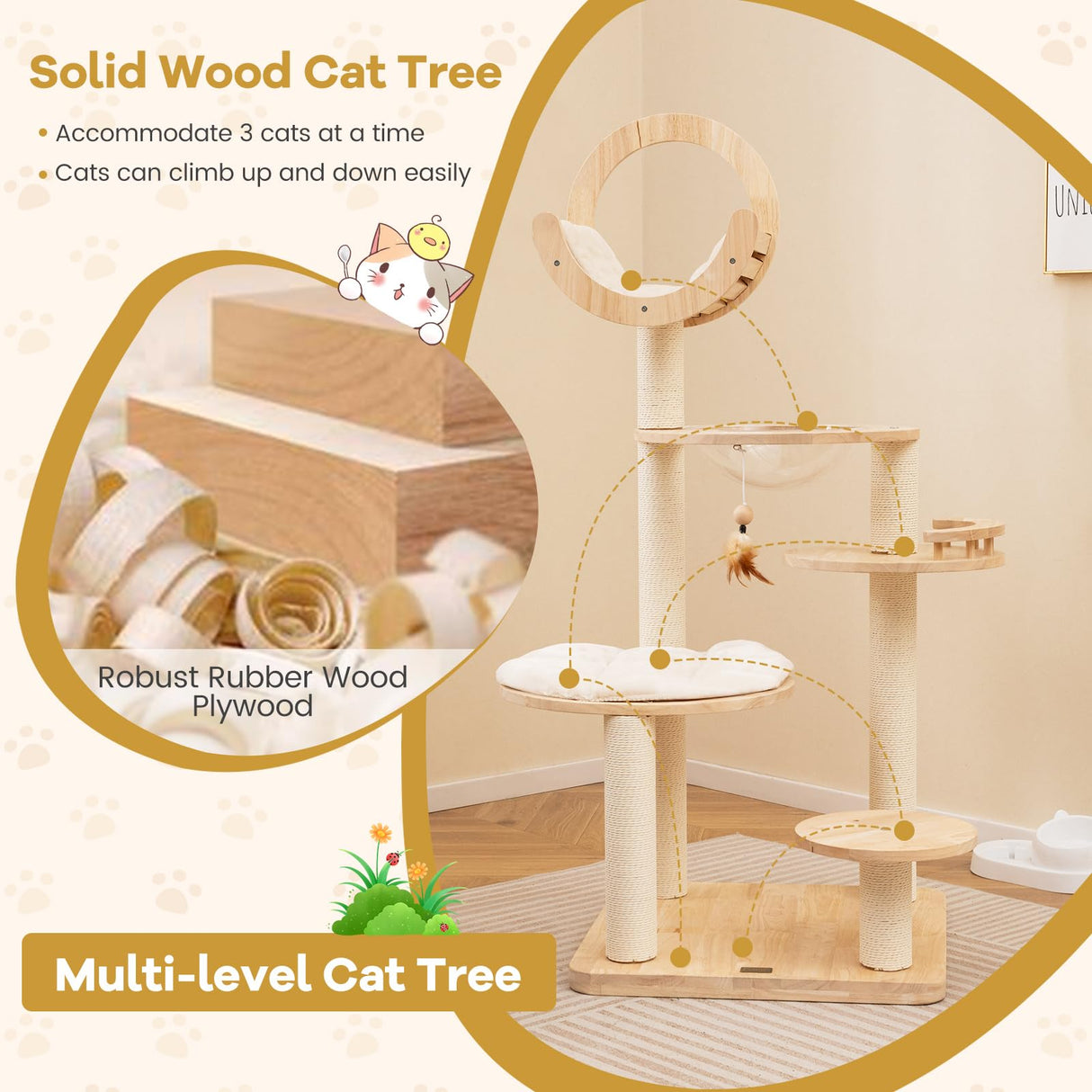 Nightcore 57” Tall Solid Wood Cat Tree for Indoor Cats, Building Block Kitten Tower w/Perch, Scratching Posts, Washable Cushions, 4 Install Options, Multi-Level Cat Activity Center Climbing Furniture WoodArtSupply