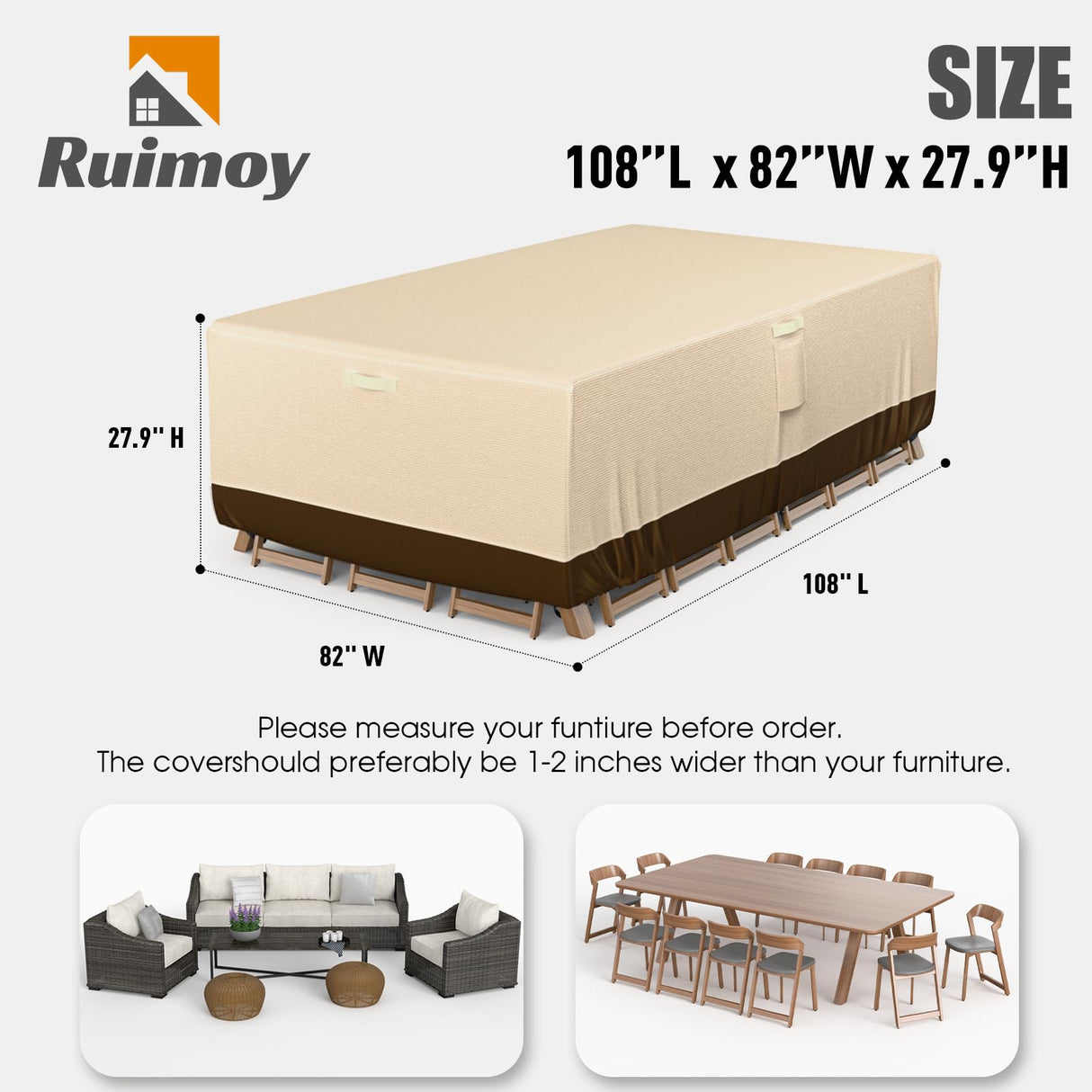 Ruimoy Patio Furniture Covers, Outdoor Furniture Cover Waterproof, General Purpose, Outside Table and Chair Covers, Heavy Duty 600D (108 Inch L x 82 Inch W x 27.9 Inch H)-Brown Ruimoy