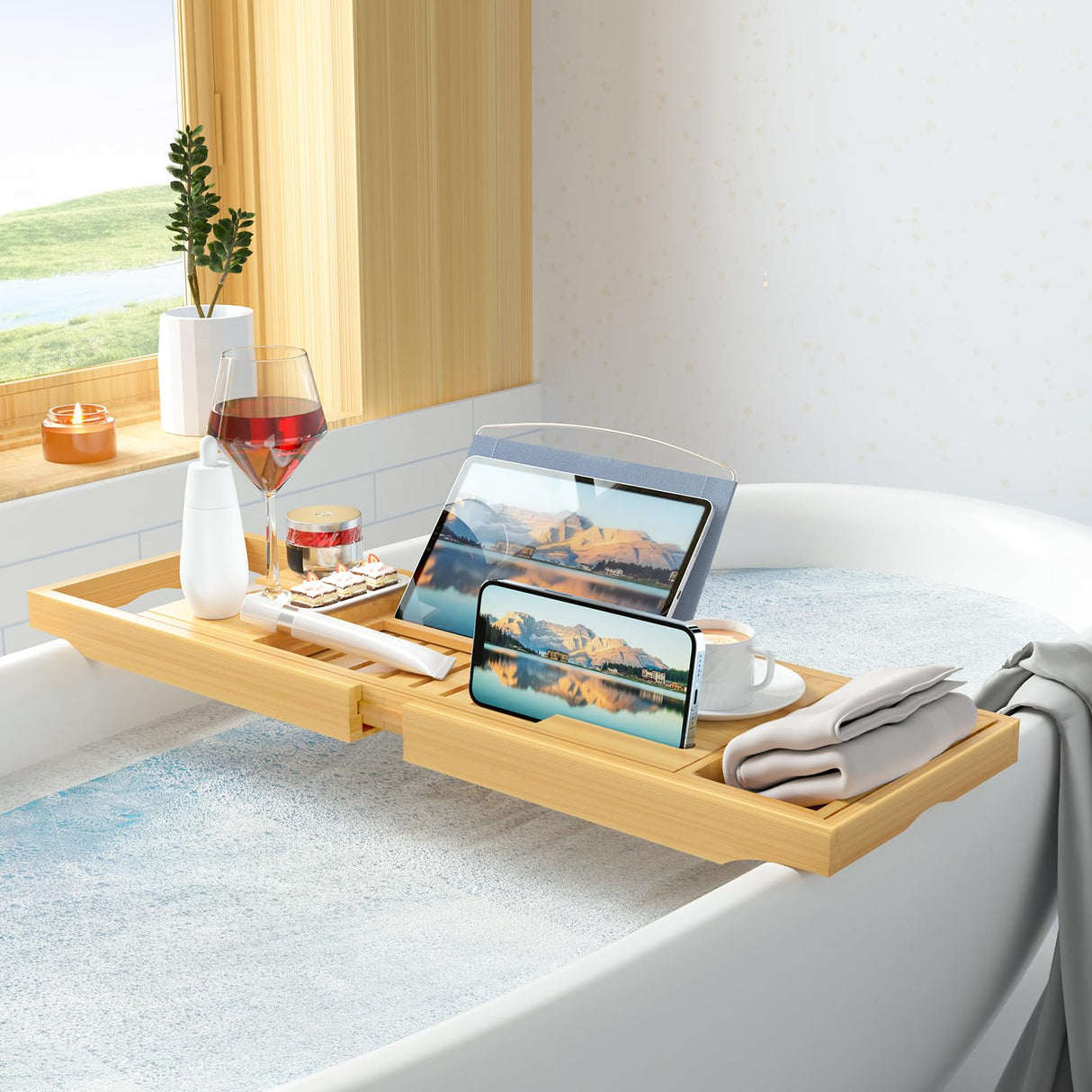 Sen Yi Bao Luxury Bathtub Caddy Tray，Bamboo Bathtub Tray Caddy - Wood Bath Tray Expandable，Can be Placed Book and Integrated Tablet Smartphone and Wine Holder - Gift Idea for Loved Ones Sen Yi Bao