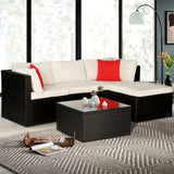 5 Pieces Rattan Patio Furniture Sets Patio Sofa Wicker Sectional Sofa Modular Outdoor Conversation Sofa Set with 2 Red Pillow 2 Corner Chairs Armless Chair Ottoman Chair Glass Table,Khaki Cushion PayLessHere