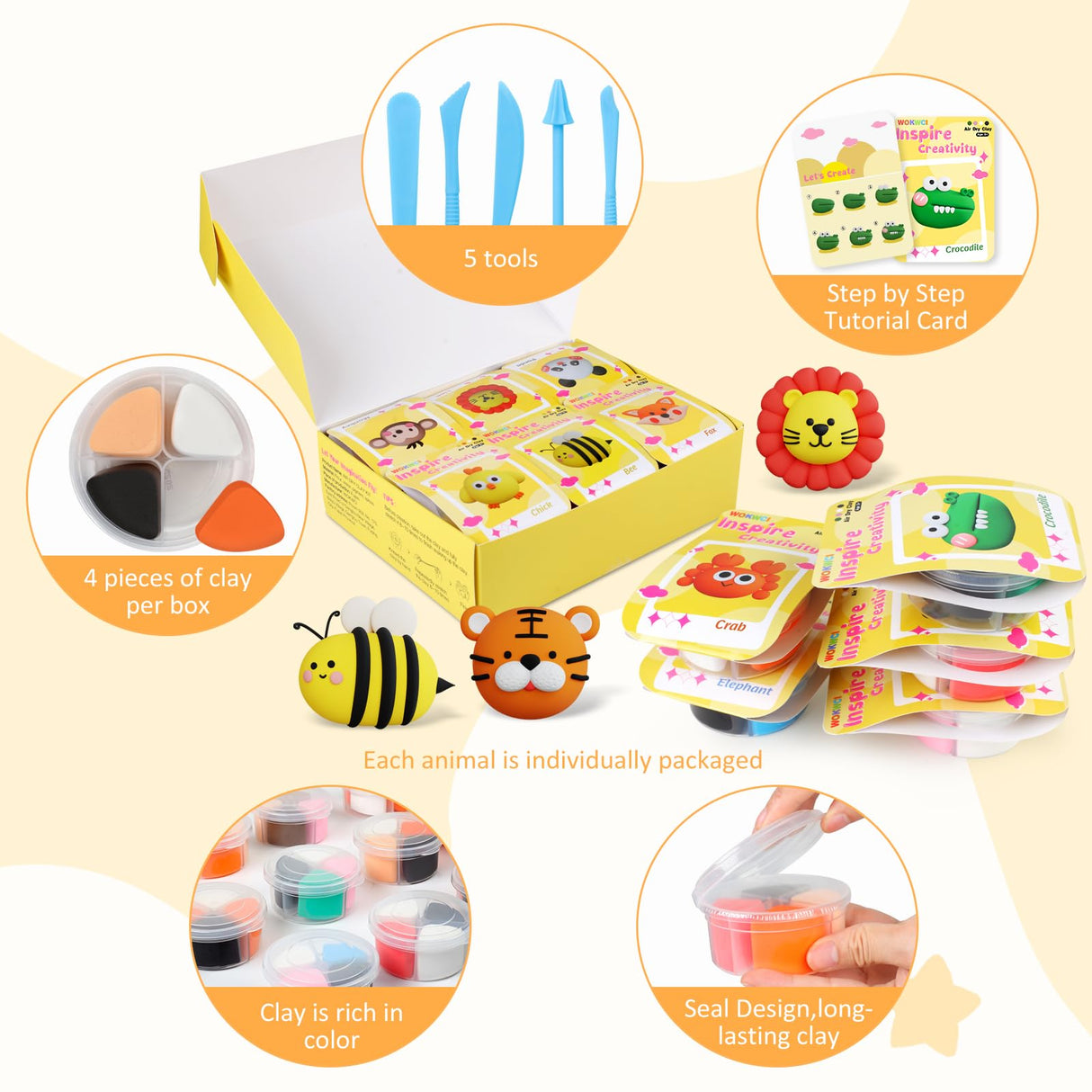 Air Dry Clay Kit for Kids, Modeling Magic Clay for Kids, Ultra Light & Soft, 12 Boxes DIY Animals Model with Step by Step Tutorial and 5 Sculpting Tools, Creative Art Crafts Toys Gifts for Girls Boys WOKWCI