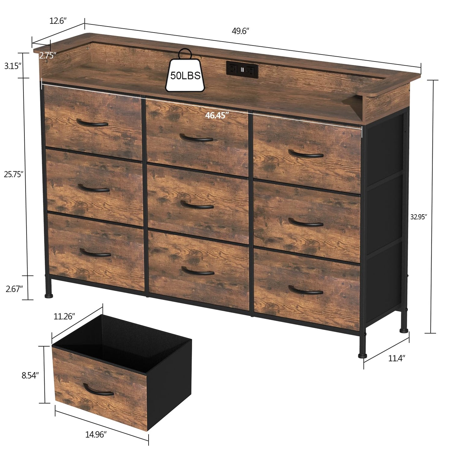 EXOTICA Industrial Dresser for Bedroom with Charging Station and LED Light Fabric Storage Dresser with 9 Fabric Drawers Chest of Drawers for Closet Hallway Sturdy Steel Frame Wooden Top