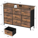 EXOTICA Industrial Dresser for Bedroom with Charging Station and LED Light Fabric Storage Dresser with 9 Fabric Drawers Chest of Drawers for Closet Hallway Sturdy Steel Frame Wooden Top EXOTICA