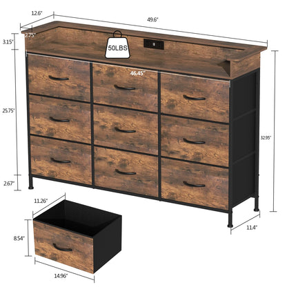 EXOTICA Industrial Dresser for Bedroom with Charging Station and LED Light Fabric Storage Dresser with 9 Fabric Drawers Chest of Drawers for Closet Hallway Sturdy Steel Frame Wooden Top