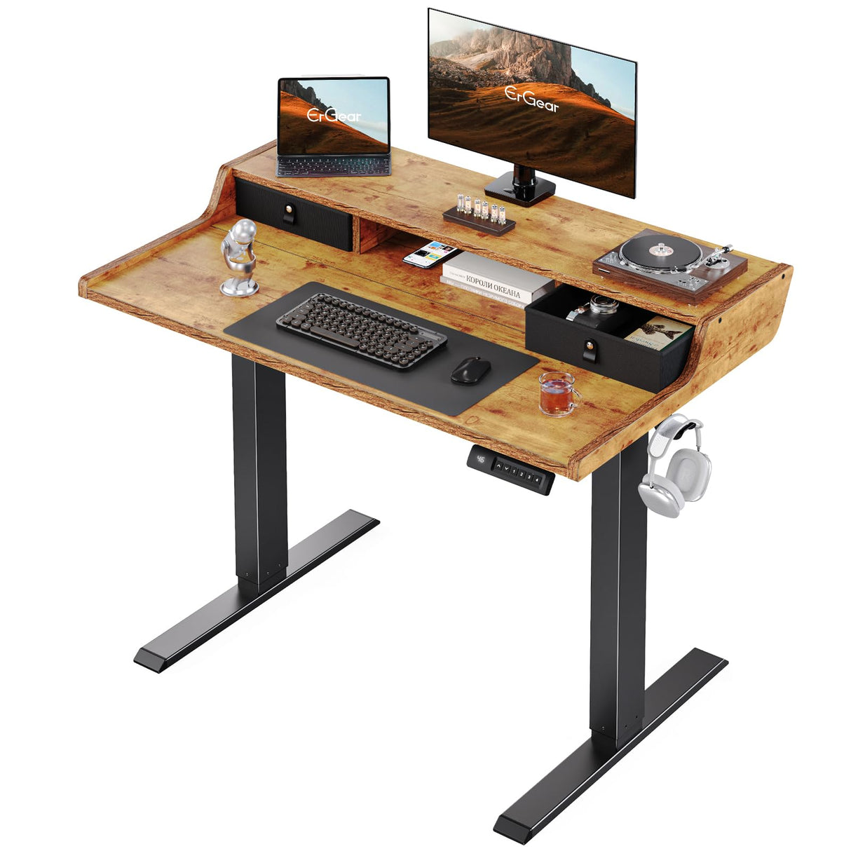 ErGear Electric Standing Desk with Drawers, 40″ x 24″ Gaming Desk with Monitor Stand, C-Clamp Mount Compatible, Home Office Height-Adjustable Desk with Storage Shelf, 4 Preset Heights, Vintage Brown ErGear