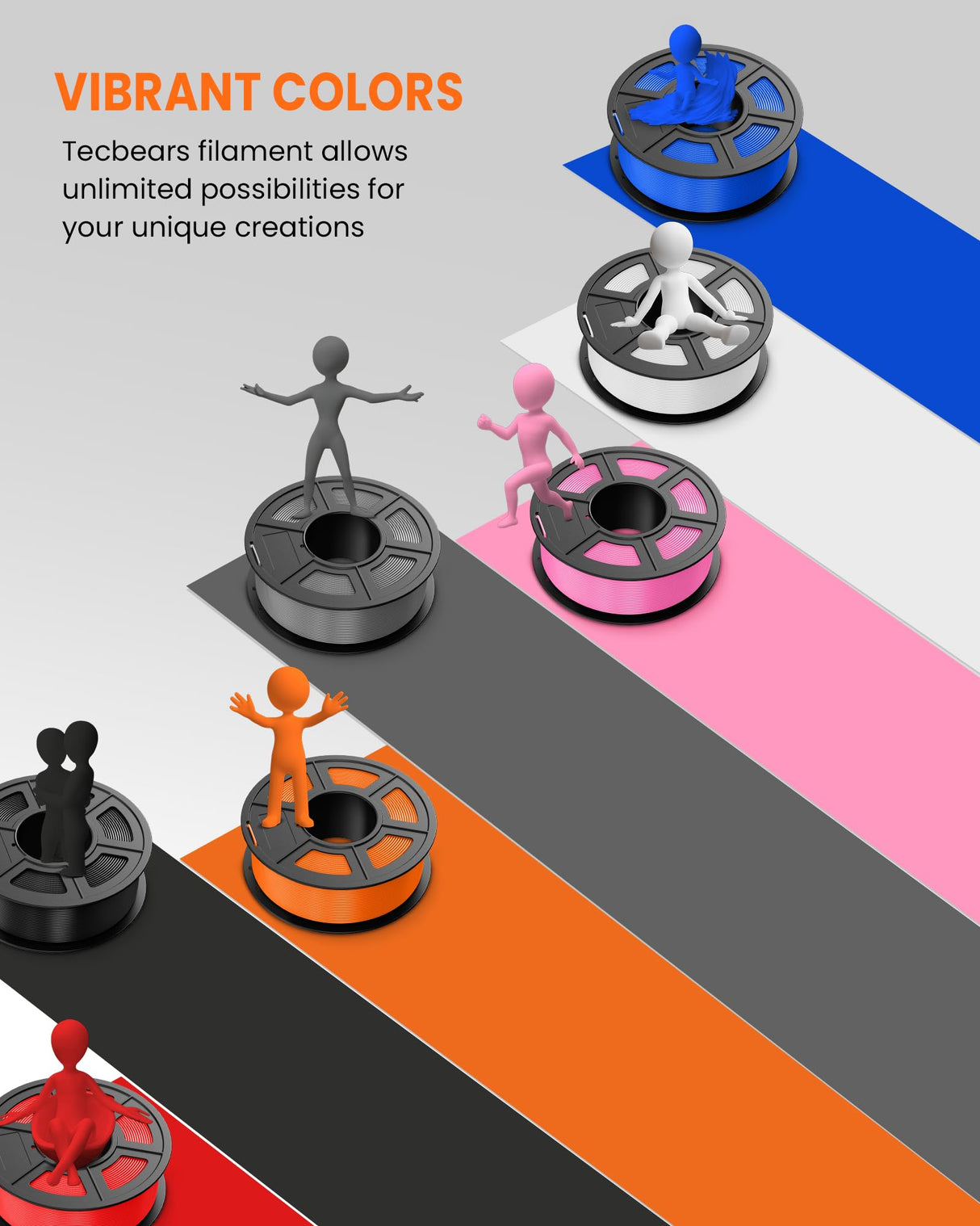 TECBEARS PLA 3D Printer Filament Bundle, 10 KG PLA Filament 1.75mm, Neatly Wound 3D Printing Filament, 1kg per Spool, 10 Pack, Black+White+Grey+Transparent+Red+Blue+Green+Orange+Wood+Gold TECBEARS