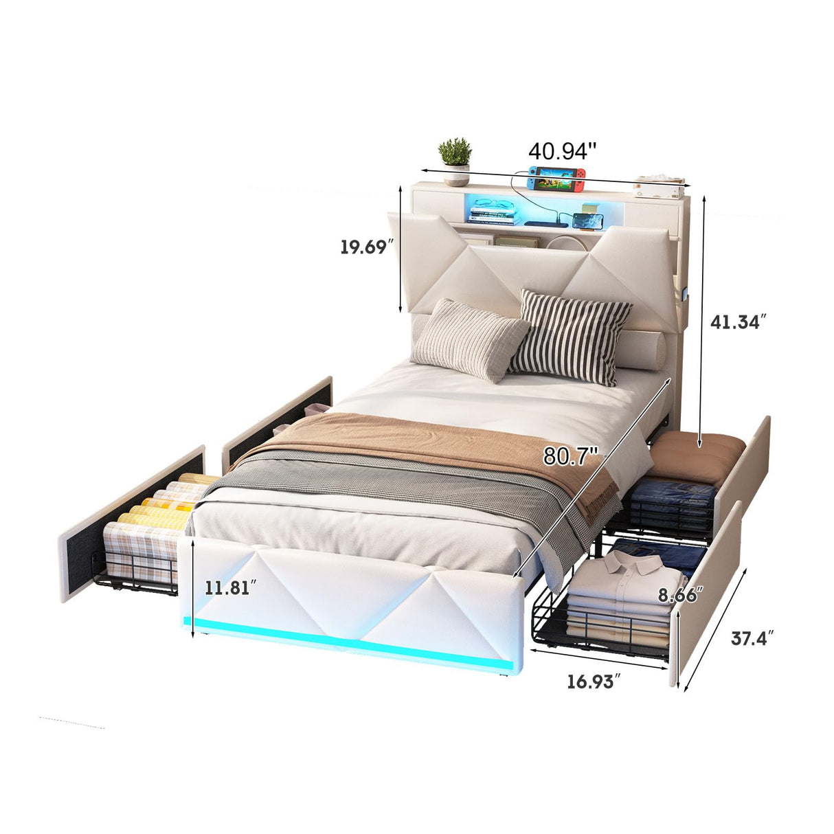 Vabches Twin Bed Frame with Storage Headboard and 4 Drawers,Upholstered Platform with Charging Station and Led Lights,Adjustable Headboard,No Box Spring Needed,Beige Vabches