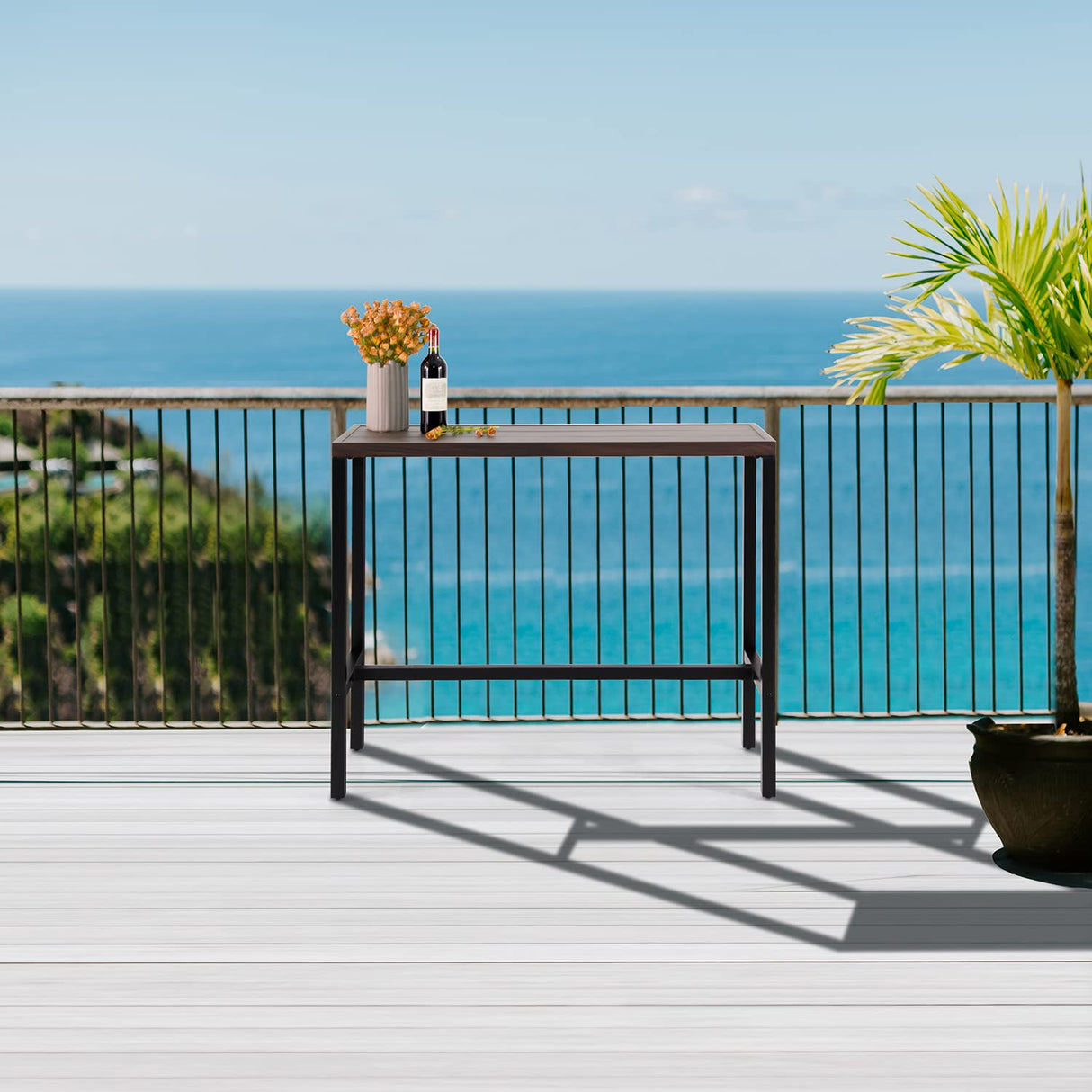 Anmutig Outdoor Counter Height Bar Table, 45.5” Pub Height Dining Bar Table with Wood-Like Metal Tabletop for Hot Tub, Garden, Yard, Balcony, Poolside, Indoor Outdoor Anmutig