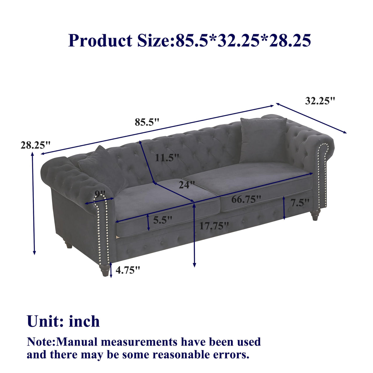 KEIKI 85.5" Chesterfield Sofa, Retro Style Velvet Upholstered 3 Seat Couch, Button Tufted Sofa with Rolled Arm for Living Room, Bedroom Office, Black KEIKI