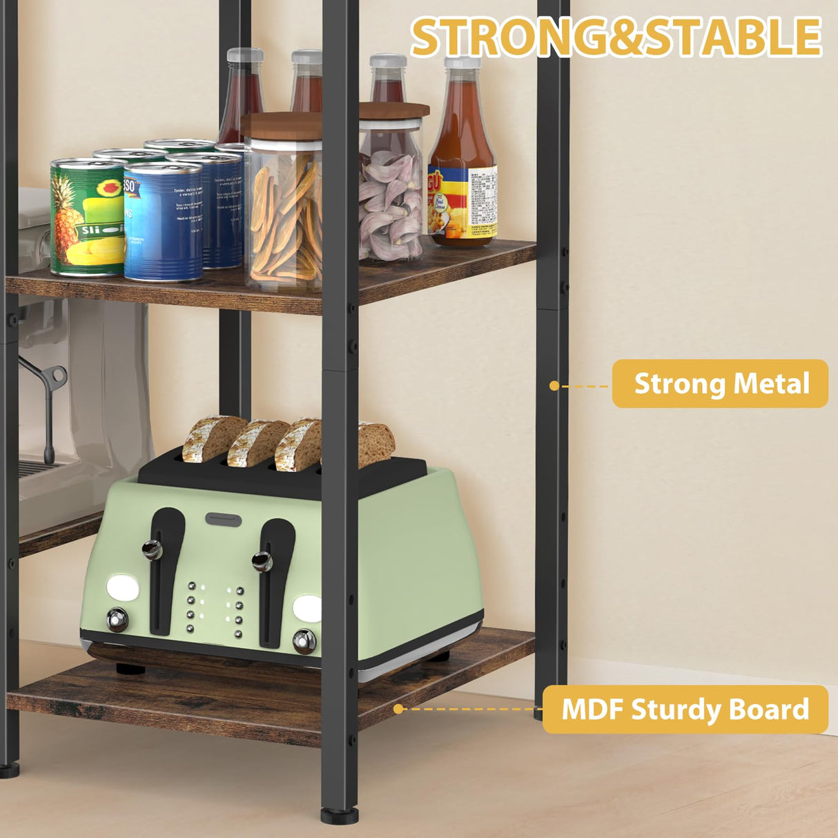 OGEMXU Kitchen Baker's Rack, Microwave Stand Table with Storage, 4-Tier Small Kitchen Shelf Rack for Living Room, Office, Corner, Industrial, Rustic Brown OGEMXU