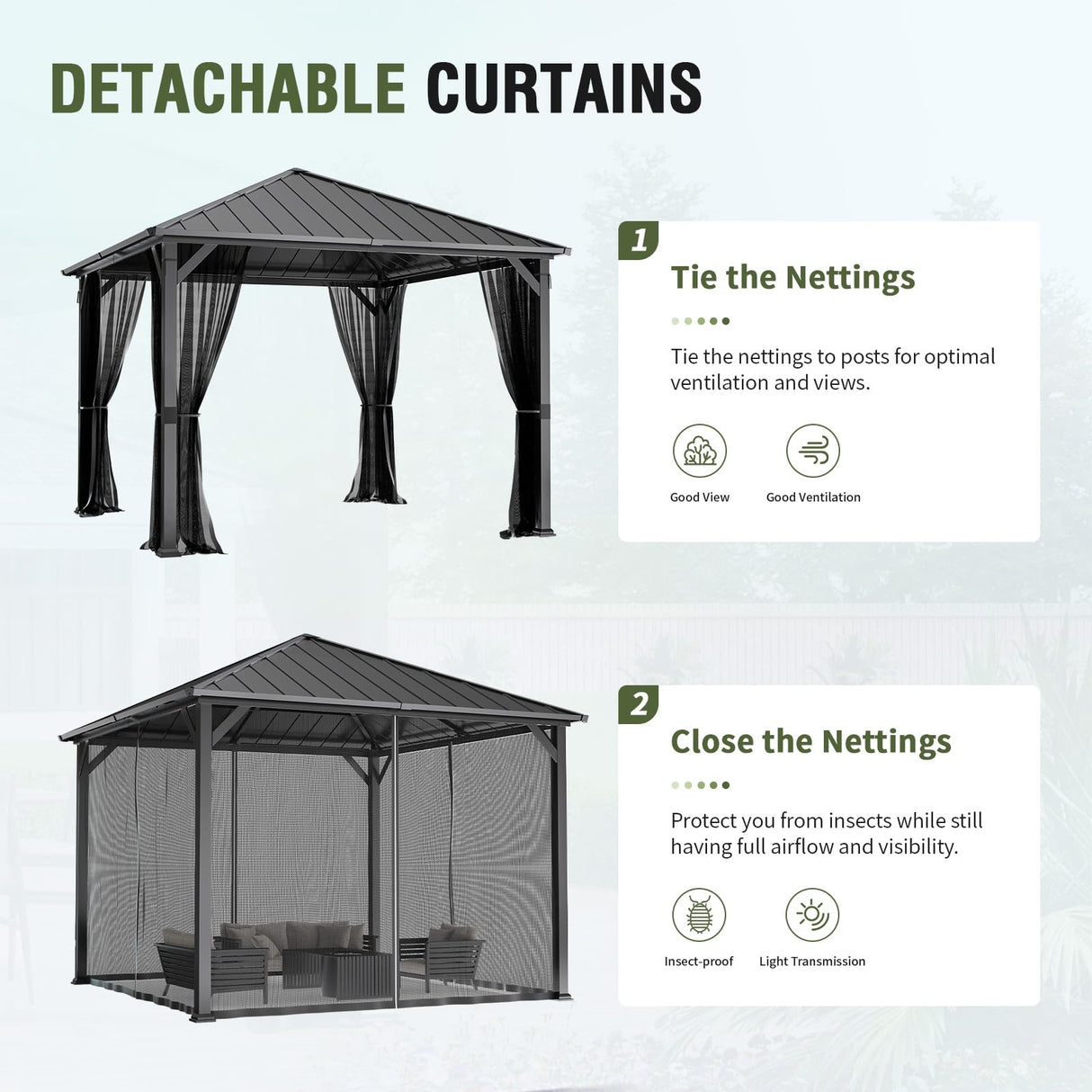 UDPATIO 10' x 10' Hardtop Gazebo, Metal Gazebo with Galvanized Steel Roof, Outdoor Permanent Pavilion with Netting for Patio, Backyard, Deck and Lawns UDPATIO
