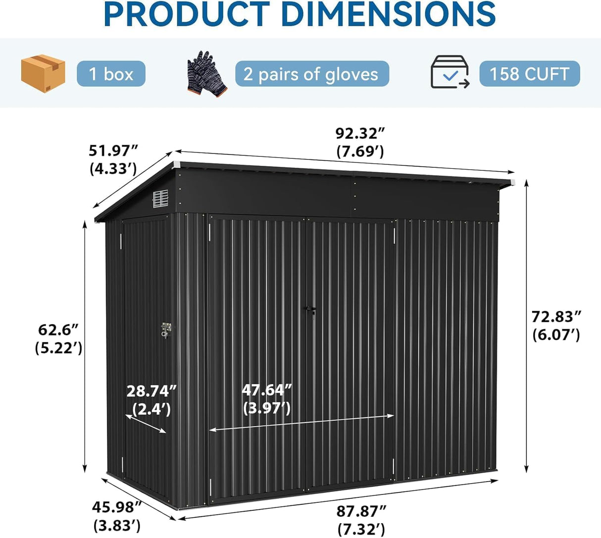 BinpLax 8'x4' Shed Galvanized Steel Storage Sheds with Triple Doors Weatherproof Outdoor Utility Sheds, Dual Lock Lean to Shed with Sloped Roof for Mower, Bike, Generator, Garden Tools (Black) BinpLax