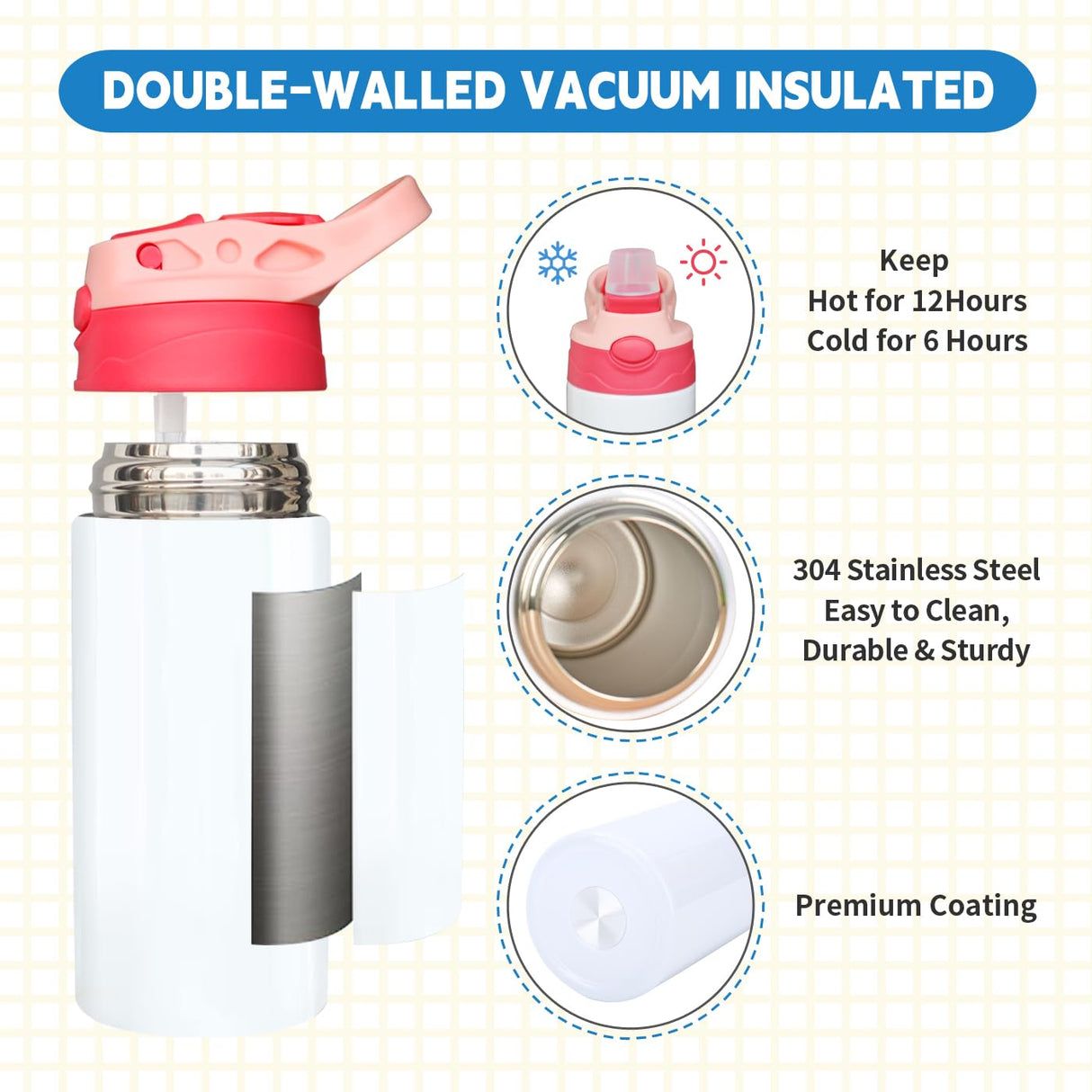 Gekestory Kids Sublimation Tumblers, Sublimation Sippy Cup Blank, 6 PACK 12oz Sublimation Water Bottle Blanks for DIY Crafting Gift (6) Gekestory