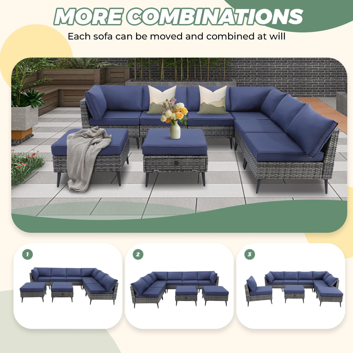 LVUYOYO 8 Pieces Outdoor Patio Furniture Set, Wicker Sectional Sofa Set for All-Weather, Rattan Conversation Sets with Cushions and Storage for Deck, Backyard, Porch (Grey) LVUYOYO