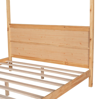 Harper & Bright Designs Queen Size Canopy Bed with Headboard,4-Post Canopy Platform Bed Frame, Solid Wood Queen Bed Frame for Kids Teens Adults, No Box Spring Needed (Natural)