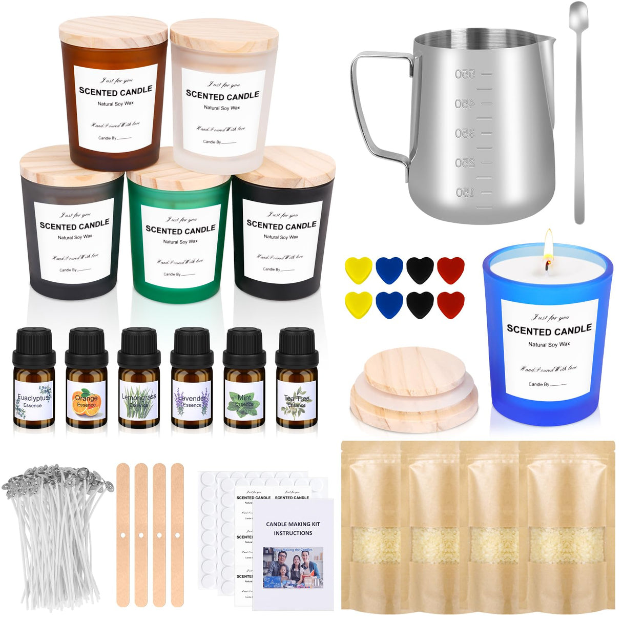 Candle Making Kit for Adult, Homemade DIY Candle Making Supplies Include Soy Wax, Wicks, Glass Candle Containers, Essential Oils, Dyes, DIY Arts & Crafts Gift for Kids, Beginners, Adults, Women KEARLGMBH