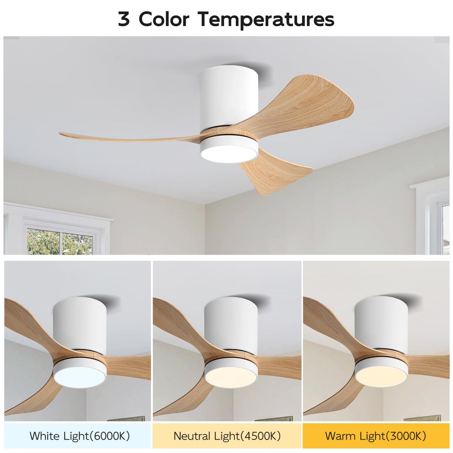 ELEHINSER 42 Inch Low Profile Ceiling Fan with Lights, Modern Flush Mount Ceiling Fan, 3 ABS Blades, 6-Speed, Reversible DC Motor, Noiseless, for Indoor/Outdoor Kitchen Bedroom, White+Wood