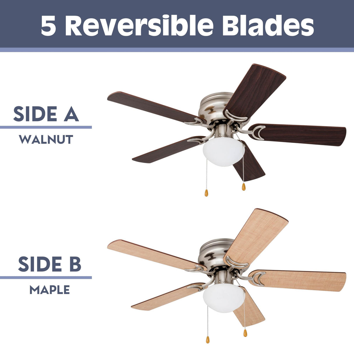 Prominence Home Alvina Traditional 42 Inch Ceiling Fan with Light, LED Flush Mount Ceiling Fan, Indoor Fan with 5 Blades, Walnut Brown and Maple Brown Blade Finish Options, Satin Nickel (80029-01) Prominence Home