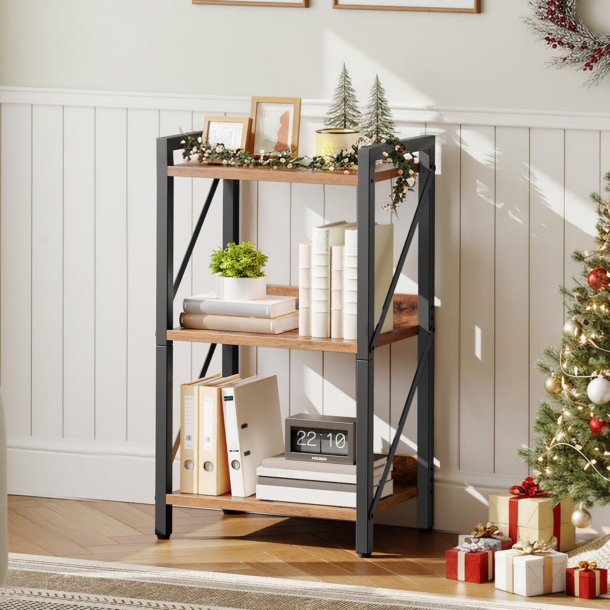 HOOBRO Bookshelf, 3-Tier Industrial Bookcase, Book Shelf Storage Organizer, Small Bookshelf with Metal Frame for Living Room, Bedroom, Home Office, Kitchen, Rustic Brown and Black BF71SJ01 HOOBRO