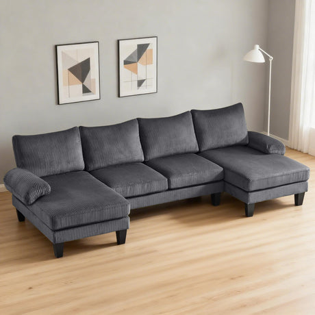 Karl home U-Shape Sectional Sofa Couch 111" Modern 4-Seat Sofa with Chaises Corduroy Fabric Upholstered Covertible Couch with Wood Grain Legs for Living Room, Reception Room, Apartment, Dark Gray Karl home