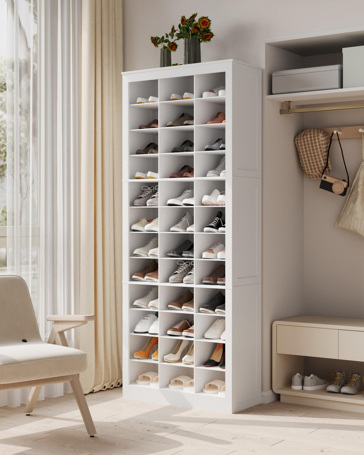 Hzuaneri Shoe Storage Cabinet, 36 Pairs Free Standing Closet Organizer, 8.8 inch Widened Cell Wood Shoe Organizer, 12 Tiers Vertical Space Saving Shoe Rack for Entryway, Bedroom, White SR20703X Hzuaneri