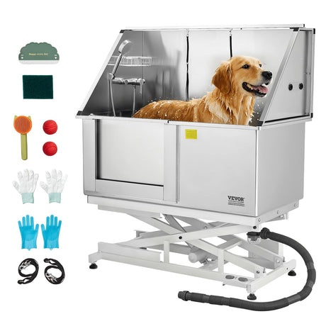 VEVOR Electric Lift Dog Washing Station, 50 inch Professional Stainless Steel Pet Grooming Tub w/PE Water Filter Board, Faucet & Showerhead Dog Bathtub Washing Sink for Multiple Pets (Left Door) VEVOR