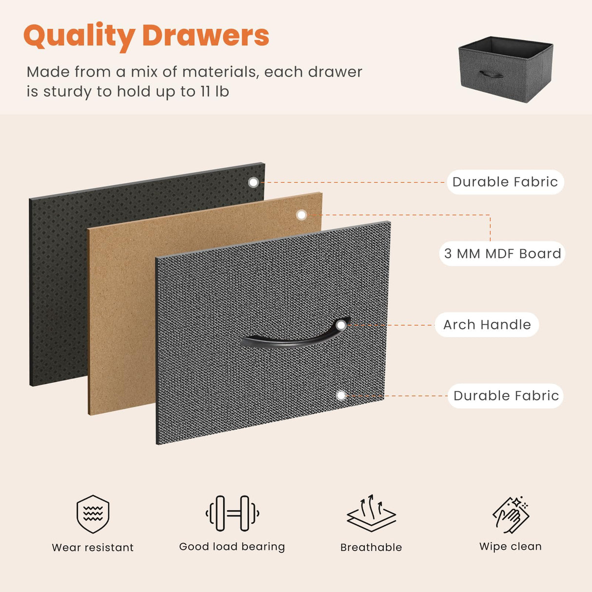 Dresser for Bedroom with 5 Drawers, Anti-Tip Wide Fabric Chests Storage Organizer Tower Furniture, TV Stand for TV up to 45 inch with Wooden Top Metal Frame for Clothes, Living Room, Hallway, Entryway Atilioo