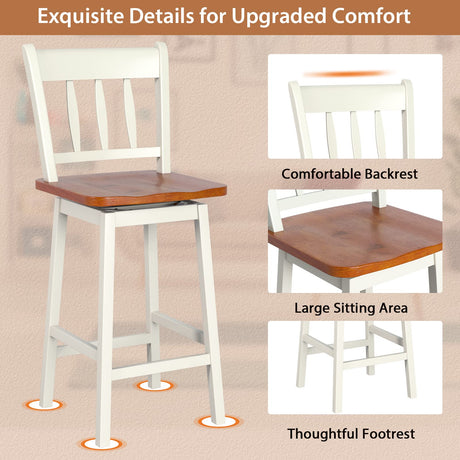 COSTWAY Set of 2 24.5-Inch Swivel Bar Stools in White Rubber Wood with Footrest and Ergonomic Design COSTWAY