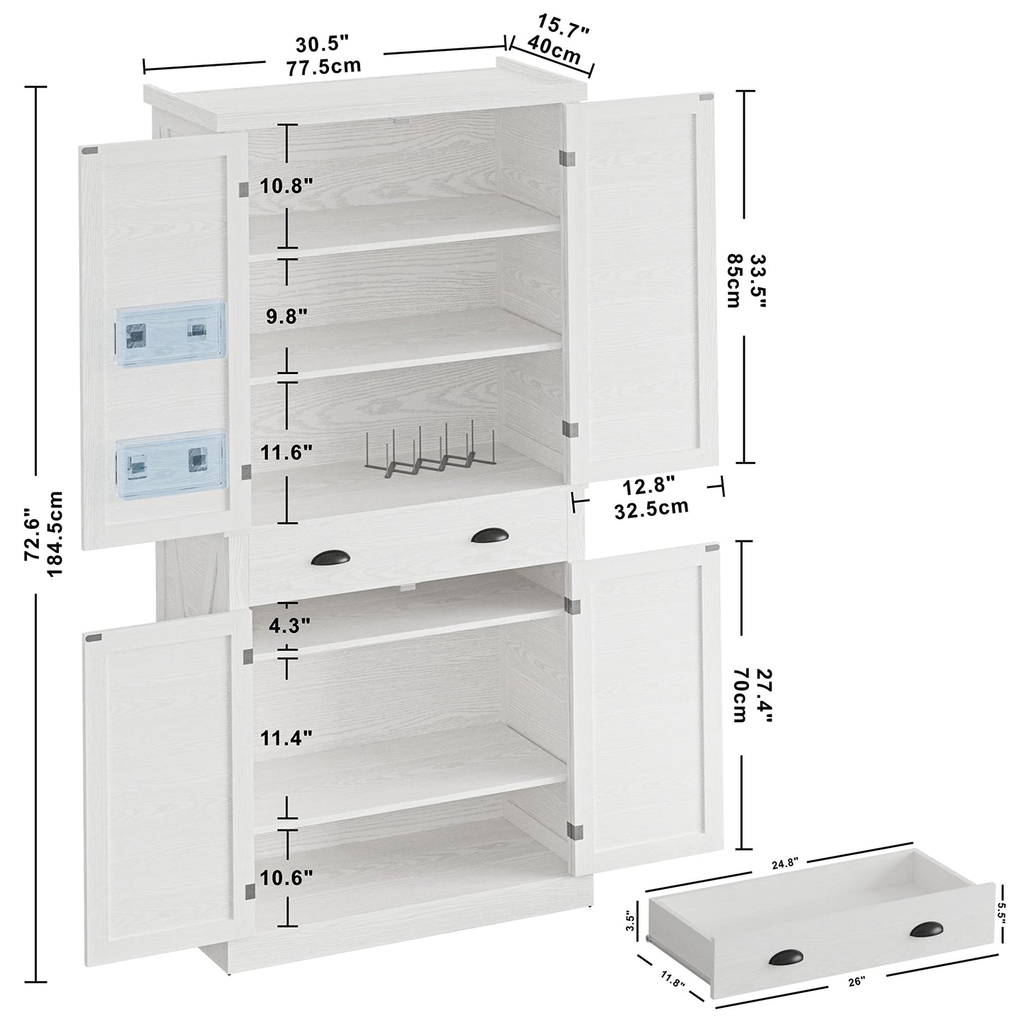 IRONCK Kitchen Pantry Storage Cabinet 72" Height, with Barn Doors, Drawer, 4 Adjustable Shelves, Freestanding Cupboard for Dining Room Living Room,