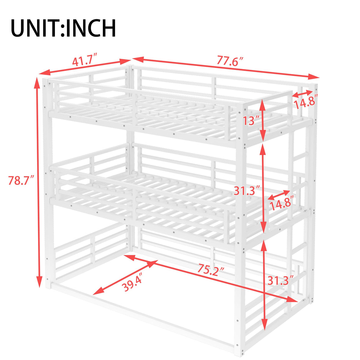 KEIKI Twin Over Twin Over Twin Bunk Bed, Metal Triple Bunk Bed with Safety Guardrails, Heavy-Duty Bunk Bed with Noise-Reduced Design, White KEIKI