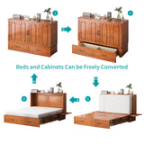 BALUS Queen Murphy Bed, Cabinet Bed with Built-in USB Ports & 2Storage Drawers, Space-Saving Modern Murphy Beds Cabinet Guest Beds with Tri-fold Mattress for Office, Easily Convertible - Cherry BALUS