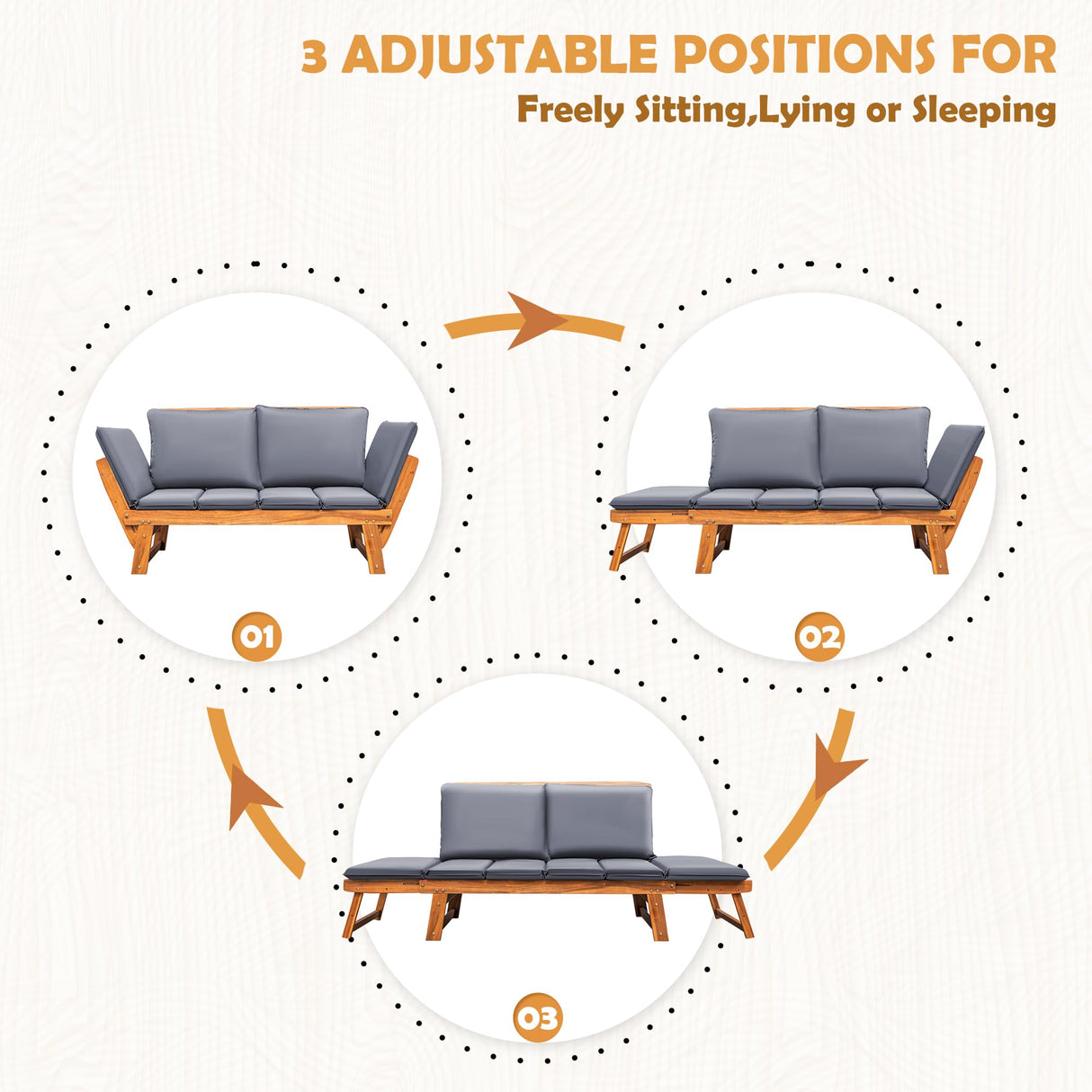 Greesum Patio Convertible Couch Sofa Bed with Adjustable Armrest, Acacia Wood Outdoor Daybed with Cushion & Pillow, Folding Chaise Lounge Bench for Porch Courtyard Poolside，Gray Greesum