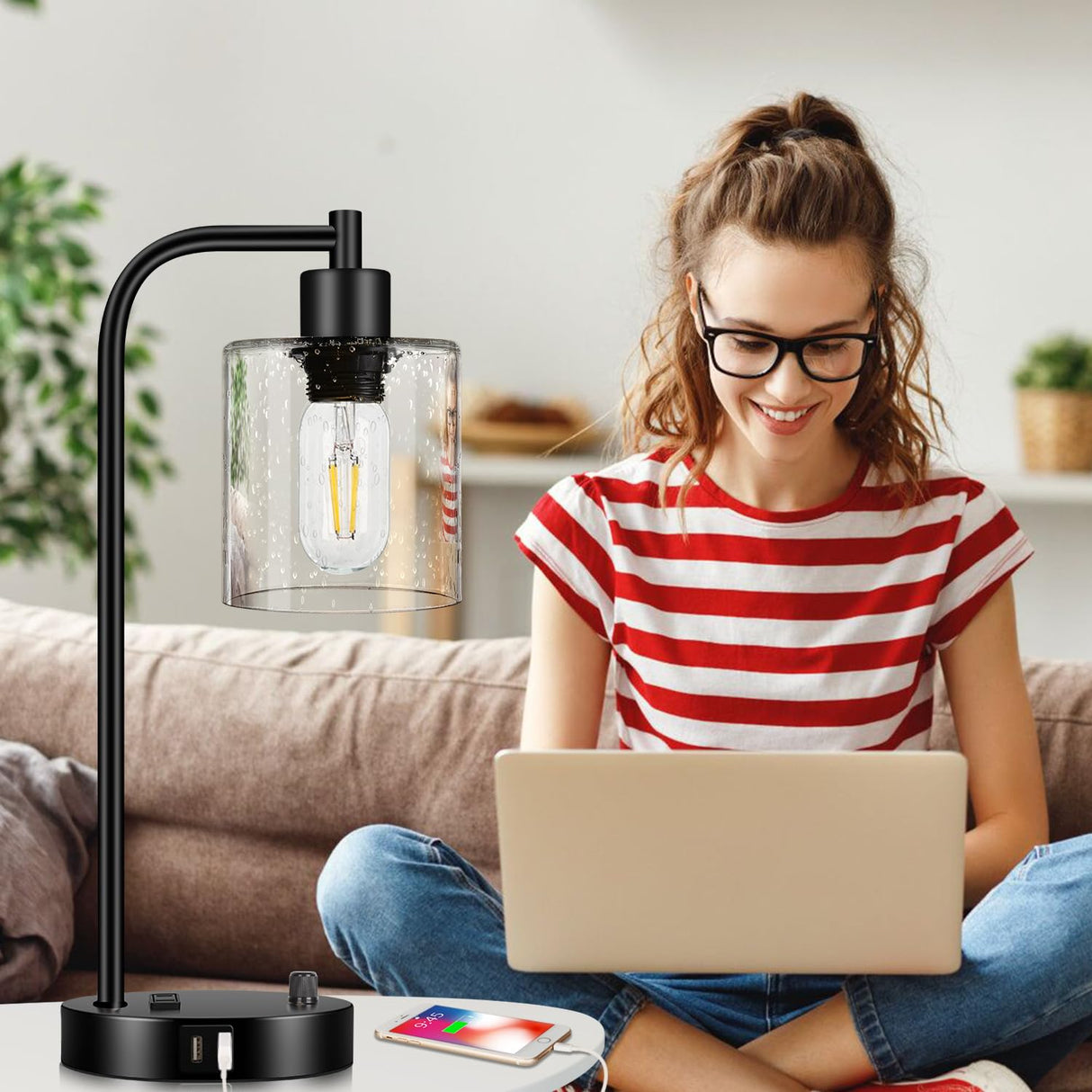 Set of 2 Industrial Table Lamps with 2 USB Port, Fully Stepless Dimmable Bedside Lamps for bedrooms, Nightstand Desk Lamps with Seeded Glass Shade for Reading Living Room Office 2 LED Bulb Included Lynnoland