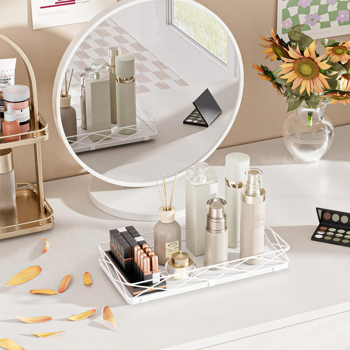 Lixple Toilet Paper Basket Holder, 13" Bathroom Tray Countertop, Wood and Metal Toilet Tank Tray Bathroom Vanity Organizer for Toiletry, Kitchen Sink Organizer for Soap Dispenser (White) Lixple