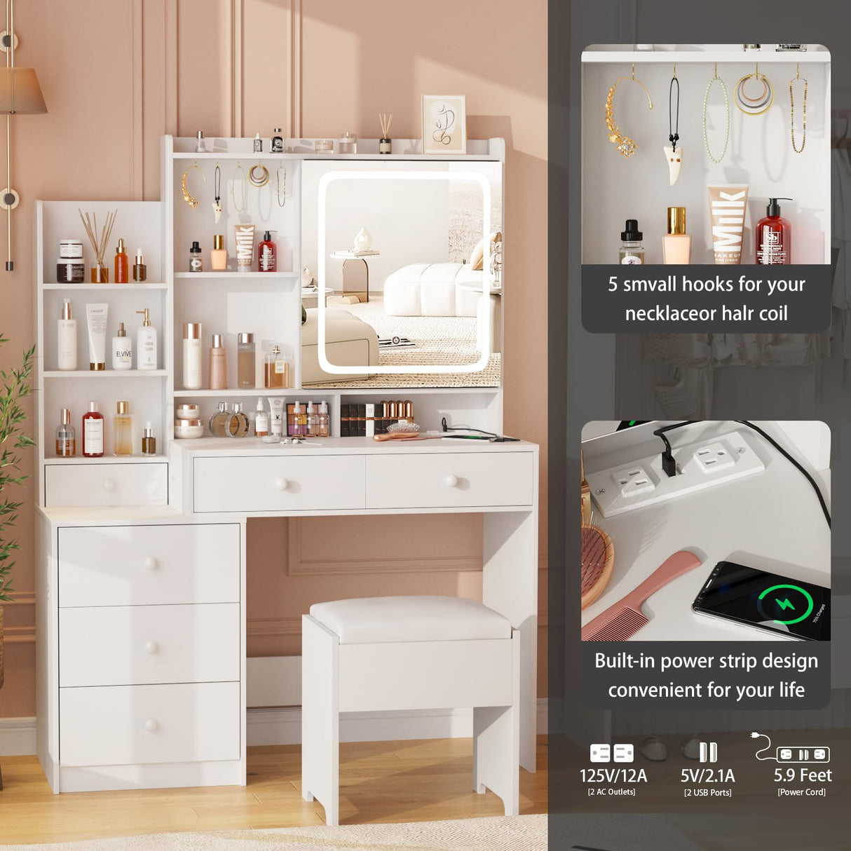 Vabches Vanity Makeup Mirror Desk with Stool,Makeup Vanity Set with 6 Drawers and Shelves,Vanity Table with Power Strip,Vanity Mirror 3 Lighting Color Adjustable,White Vabches