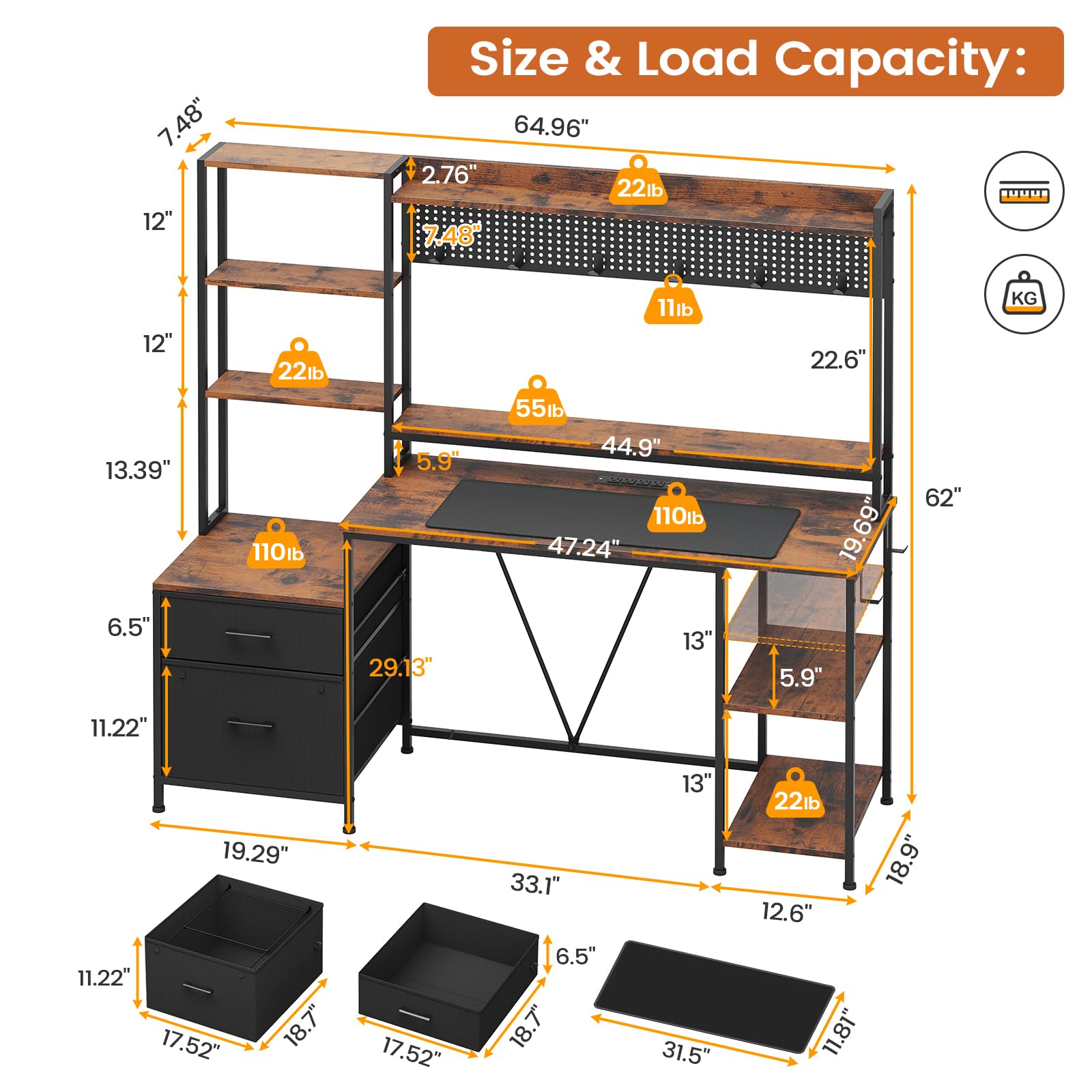 VIGKOOK 65in Gaming Desk with Hutch and Power Outlets, LED Lights, 2 Drawers, and Ample Storage in Rustic Brown - WoodArtSupply