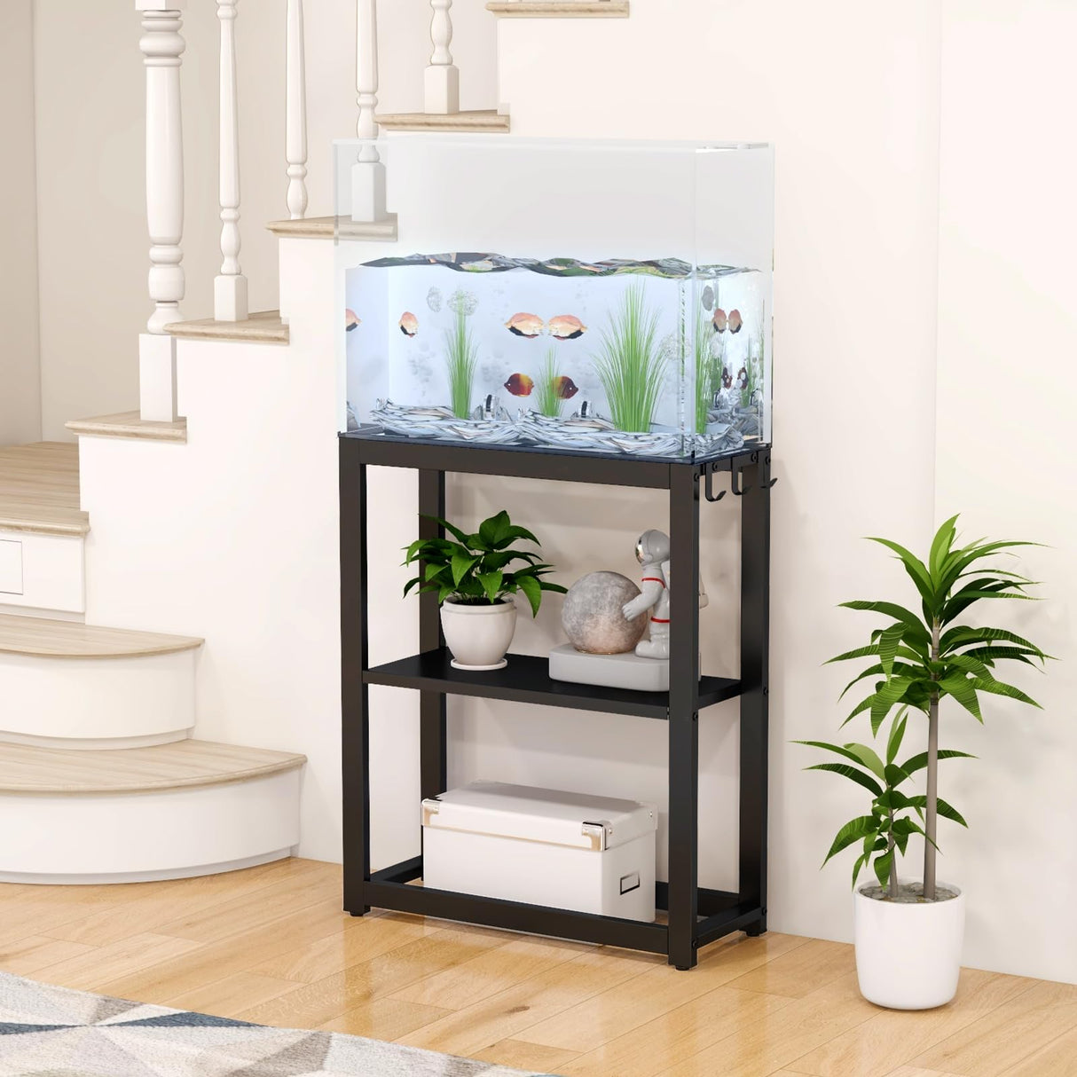 Livofloral 10-20 Gallon Fish Tank Stand with Storage Shelf, Aquarium Stand Measuring 24.8" W x 9.5" D x 30.1" H with Hooks,Heavy Duty Metal Turtle Reptile Tank Stand, Easy Assemble Livofloral