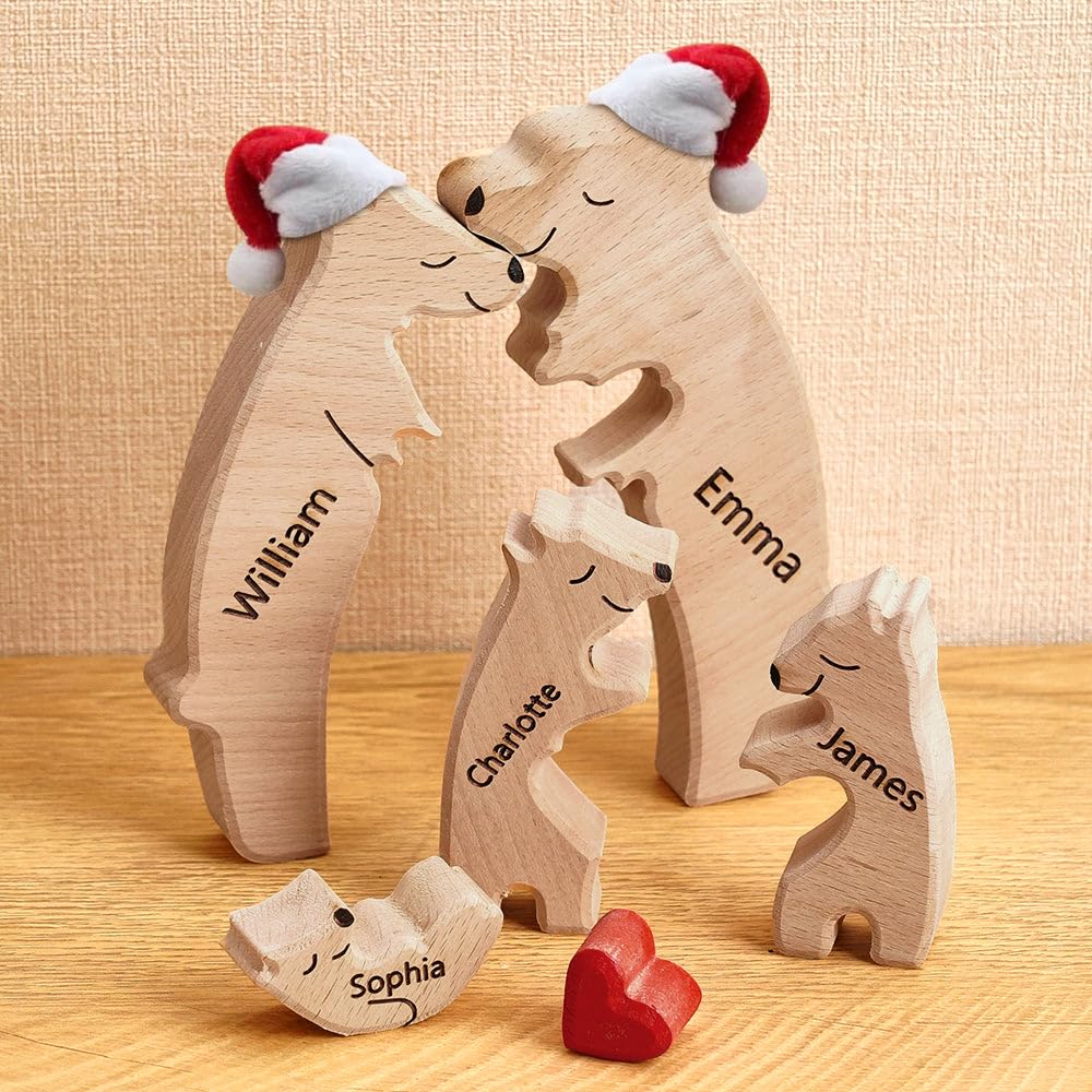 Personalized Wooden Bear Puzzle with Santa Hat and 1-8 Family Name, Custom Family Name Sculpture - Ideal for Christmas, Birthdays, Housewarming - Unique Wooden Decor Gift for Mom and Dad - WoodArtSupply