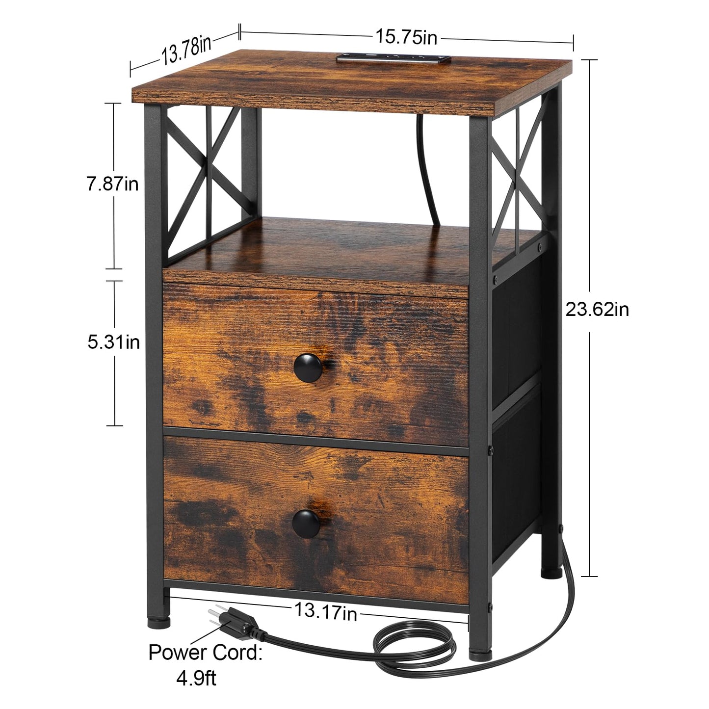 AMHANCIBLE Night Stand Set 2, Nightstand with Charging Station, End Tables Living Room with USB Ports and Outlets, Bedside Tables with Fabric Drawers for Bedroom, Rustic Brown HET05XBR - WoodArtSupply