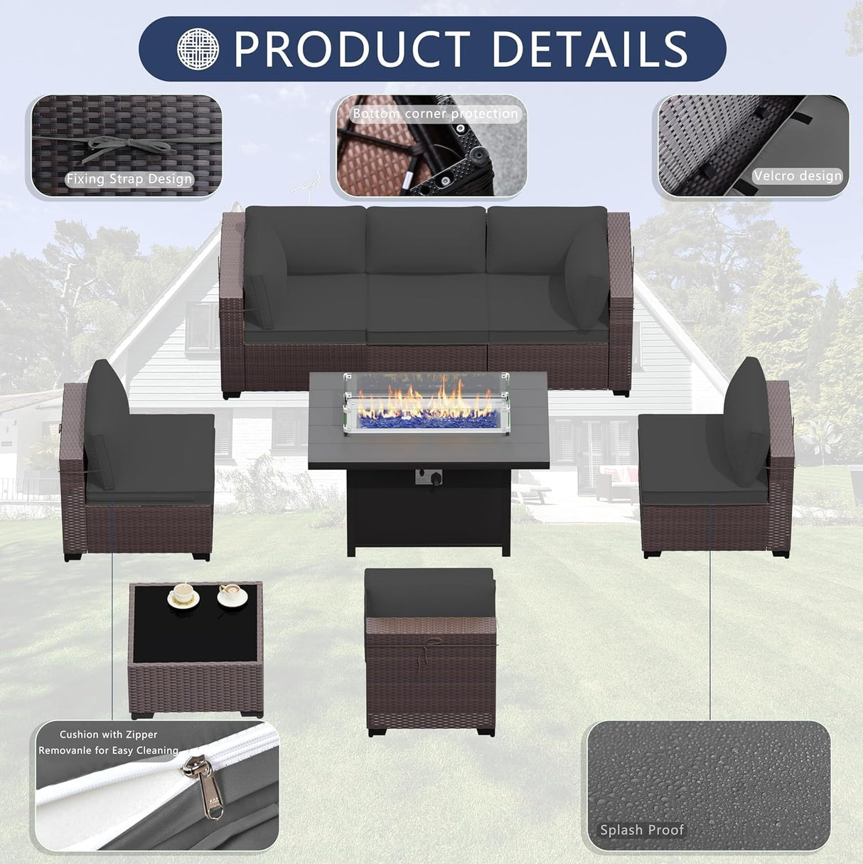 ASJMR 11 Pieces Patio Furniture Set with 2 Swivel Chairs Patio Furniture Outdoor Sectional Sofas with 55000 Gas Fire Pit Patio Conversation Set w/7 Cushions ASJMR