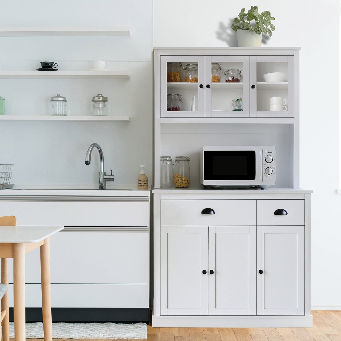 VEIKOU Kitchen Pantry Cabinet Buffet Hutch, 71" Freestanding Pantry Cabinet with 2 Adjustable Shelves & Glass Doors, Tall Pantry Cabinet with Large Countertop, White - WoodArtSupply