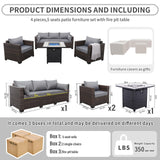 Valita Patio Rattan Furniture Set 4-Piece Outdoor PE Wicker Conversation Couch, Brown Sectional Sofa Couch with 50,000BTU Adjustable Fire Pit Table Non-Slip and Washable Gray Cushions Valita