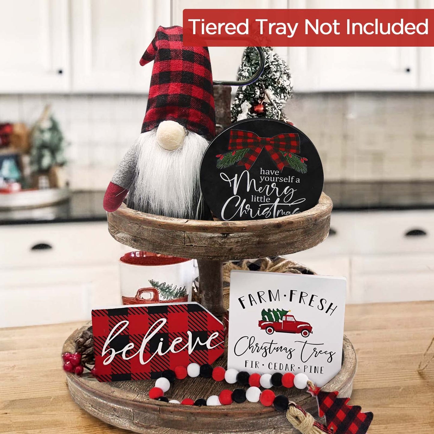 Christmas Decor - Christmas Decorations Indoor - Believe Merry Christmas Wooden Signs & Buffalo Plaid Gnomes Plush Set - Farmhouse Rustic Tiered Tray Country Decor for Home Room Table Mantle