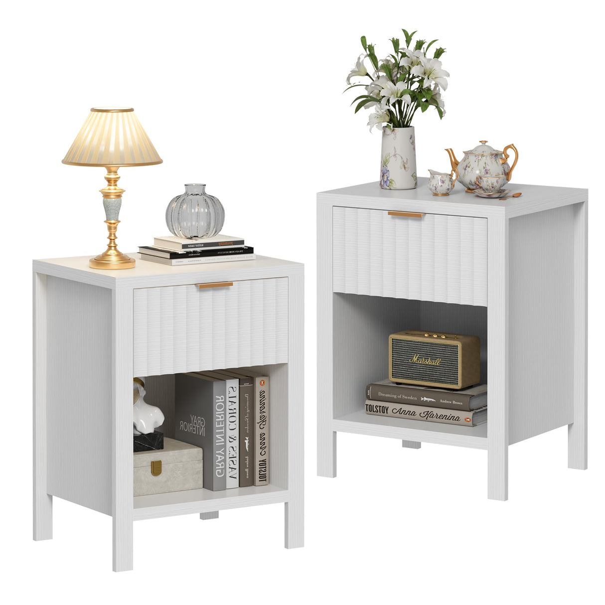 Anbuy White Nightstands Set of 2,Fluted Nightstands with Metal Handle,Wooden End Side Table White Bedside Table for Bedroom,Living Room Anbuy