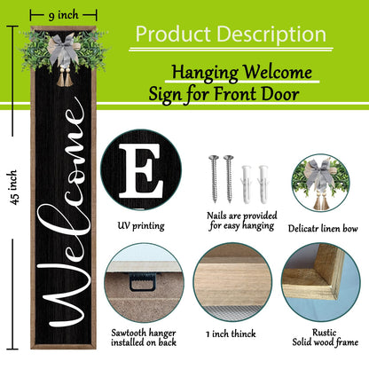 Outdoor Welcome Sign for Front Porch Standing 45"X9" Vertical Leaner Wood Frame Tall Outside Rustic Large farmhouse Home Decor Welcome Sign for Front Door Decorations (Wood Black)