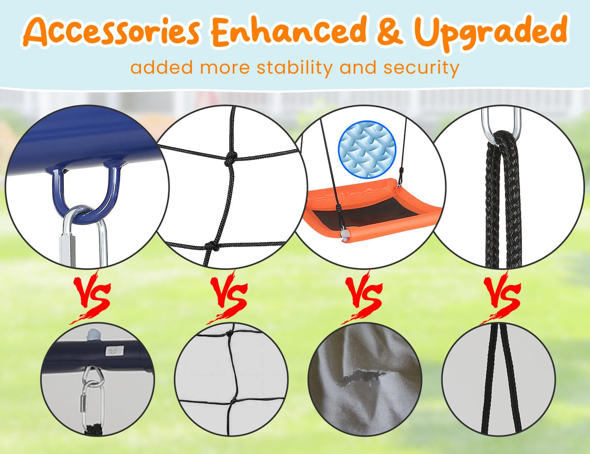 Swing Sets for Backyard, 6 in 1 Swing Set Outdoor for Kids 3-12, 700 lbs Heavy Duty Metal Toddler Playset Swingset for Playground with 3 Adjustable Swings, Basketball Hoop, Climbing Ladder and Nets Soldow