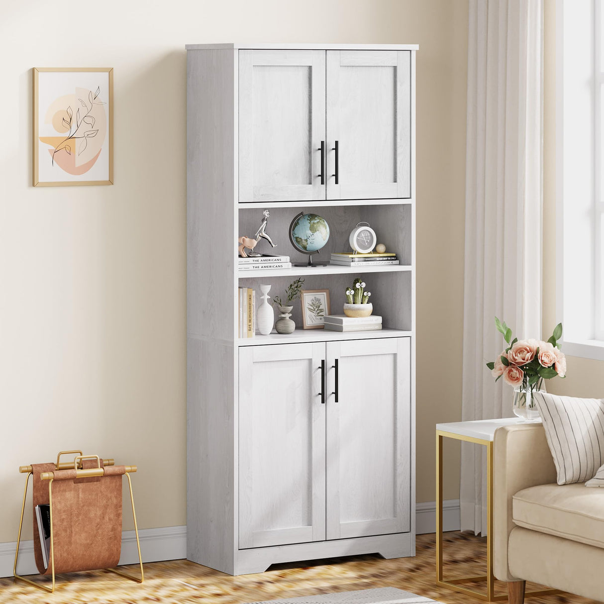 IDEALHOUSE Tall Bathroom Cabinet, Freestanding Bathroom Storage Cabinet with 4 Doors and Adjustable Shelves, 67" Cupboard Modern Storage Cabinet for Kitchen, Pantry, Living Room, Antique White IDEALHOUSE