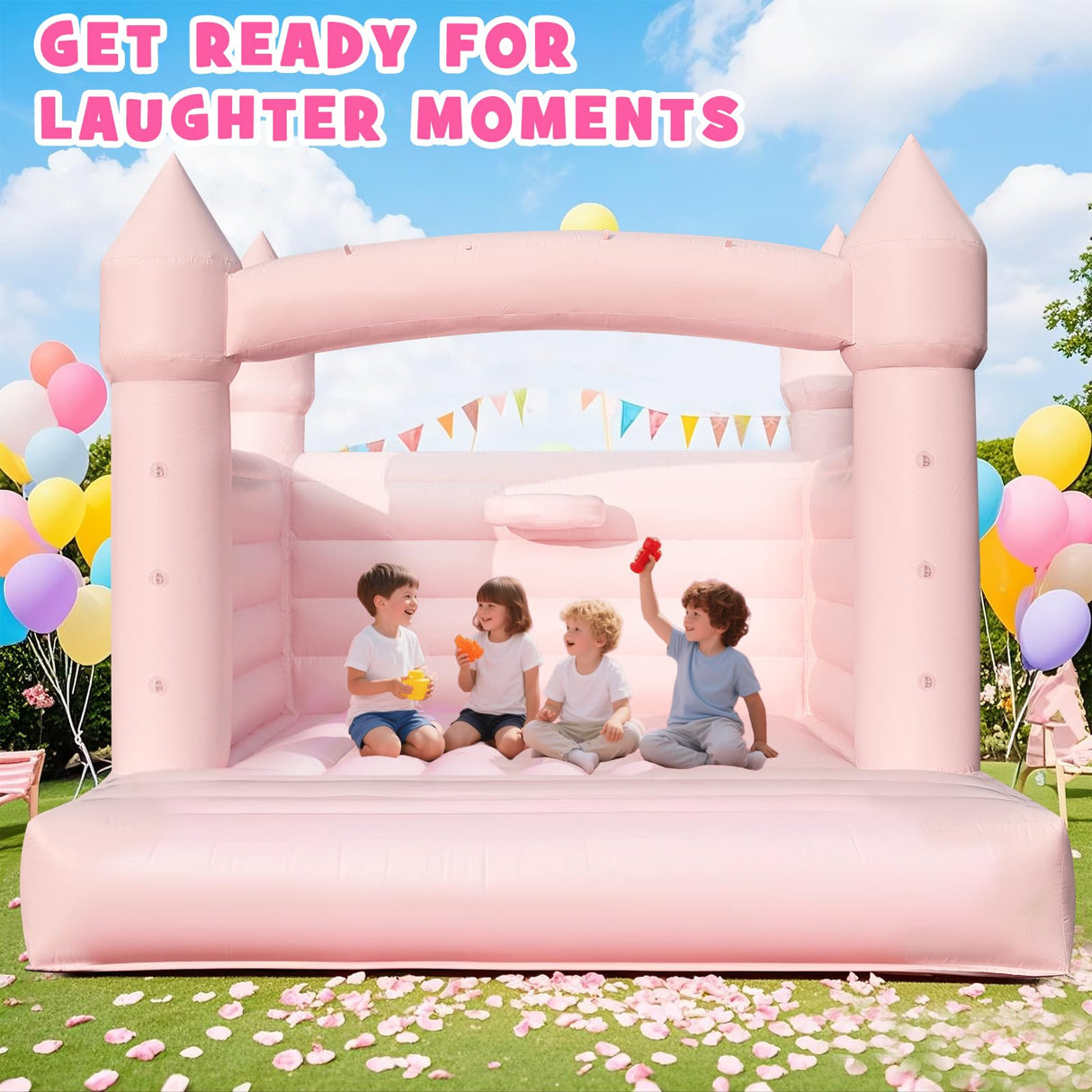 13.8FT White Bounce House Jump Castle for Kids, 100% PVC Indoor Outdoor Inflatable Bounce House, Heavy Duty 750W Air Blower Commercial Bounce House with 2 Balls, Self-Decorated for Party Gaonala