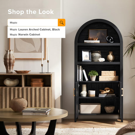 mopio Lauren 65.4" Short Arched Cabinet, 5-Tier Arched Bookcase with Doors and Shelves, Mini Arched Bookshelf with Storage, Kitchen Pantry Cabinet, Wooden Storage Cabinet for Living Room (Black) mopio